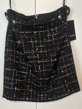 BCBG Black Tweed A-Line Mini Skirt with Metallic Thread Accents